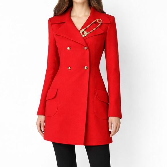 Vintage Jackets & Blazers - Vintage DEJAC PARIS Red Poplin Double Breasted Coat L + Betsey Johnson Pin